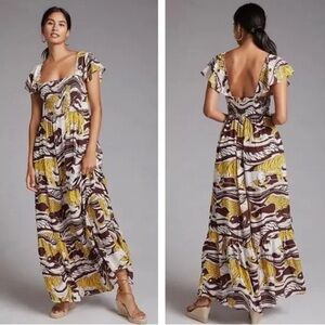 Anthropologie Short Sleeve Ruffled Smocked Maxi Dress Brown Panther Print Small